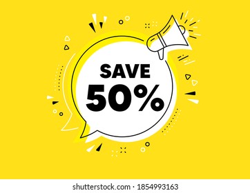 Save 50% off. Megaphone yellow vector banner. Sale Discount offer price sign. Special offer symbol. Thought speech bubble with quotes. Discount chat think megaphone message. Vector