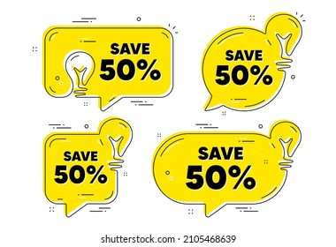 Save 50 percent off. Idea yellow chat bubbles. Sale Discount offer price sign. Special offer symbol. Discount chat message banners. Idea lightbulb balloons. Vector
