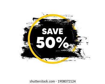 Ahorre un 50%. Dibujar el trazo del pincel en el marco de círculo. Señal de precio de oferta de descuento de venta. Símbolo de oferta especial. Cartel de salpicadura de pincel de pincel. Forma de identificador de descuento. Banner negro gruñón. Vector