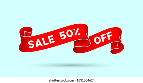 Save 50 percent Off. Red vintage ribbon with text Save 50 percent Off. Red vintage banner with ribbon, graphic design. Old school hand-drawn element for design - banner, poster. Vector Illustration