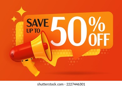 Save up to 50 percent off speech bubble label. Megaphone loudspeaker announcing sale discount. Save 50 percentage. Half price bonus for shopping. Promotion sale label vector illustration