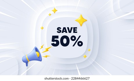 Ahorra el 50% de la etiqueta. Banner neumórfico con explosión de sol. Señal de precio de oferta de descuento de venta. Símbolo de oferta especial. Mensaje de descuento. Cartel con megáfono 3d. Plantilla neumórfica circular. Vector