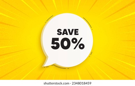 Sparen Sie 50 % Rabatt auf den Tag. Sprechen Blase Sonnenbrand Banner. Preisschild zum Verkaufspreis. Sonderangebot-Symbol. Discount-Chat-Sprachnachricht. Gelbe Sonne brach Hintergrund aus. Vektorgrafik