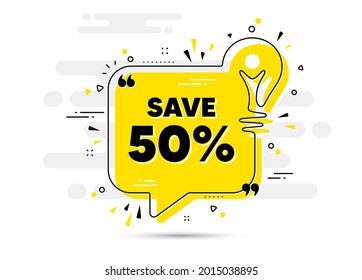 Sparen Sie 50 % Rabatt. Gelbe Idee-Chat-Bubble-Hintergrund. Preisschild zum Verkaufspreis. Sonderangebot-Symbol. Rabatt Chat-Nachricht Glühbirne. Idee, heller Hintergrund. Vektorgrafik