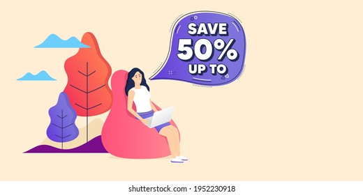 Save Up To 50 Percent. Remote Freelance Employee. Discount Sale Offer Price Sign. Special Offer Symbol. Woman Sitting In Beanbag. Discount Chat Bubble. Vector