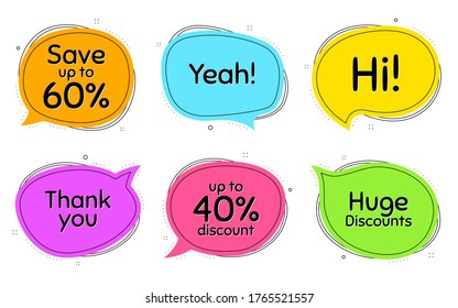 Save up to 60%, 40% huge discount. Thought chat bubbles. Thank you, hi and yeah phrases. Sale shopping text. Chat messages with phrases. Colorful texting thought bubbles. Vector