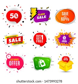 Save up to 60%. Banner badge, flash sale bubble. Discount Sale offer price sign. Special offer symbol. Last minute offer. Sticker badge, comic bubble. Discounts box. Vector
