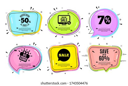 Save up to 60%. Big buys, online shopping. Discount Sale offer price sign. Special offer symbol. Quotation bubble. Banner badge, texting quote boxes. Discount text. Coupon offer. Vector