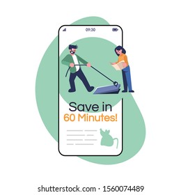 Save in 60 minutes social media post smartphone app screen. Friends searching exit. Mobile phone displays with cartoon characters design mockup. Escape room application telephone interface
