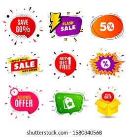 Save 60% off. Banner badge, flash sale bubble. Sale Discount offer price sign. Special offer symbol. Last minute offer. Sticker badge, comic bubble. Discounts box. Vector