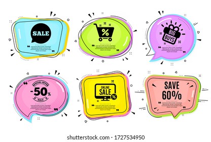 Save 60% off. Big buys, online shopping. Sale Discount offer price sign. Special offer symbol. Quotation bubble. Banner badge, texting quote boxes. Discount text. Coupon offer. Vector
