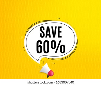 Ahorre un 60%. Banner megáfono con burbuja de chat. Señal de precio de oferta de descuento de venta. Símbolo de oferta especial. Altavoz con burbuja de habla. Texto de promoción de descuento. Cartel de los medios sociales. Vector