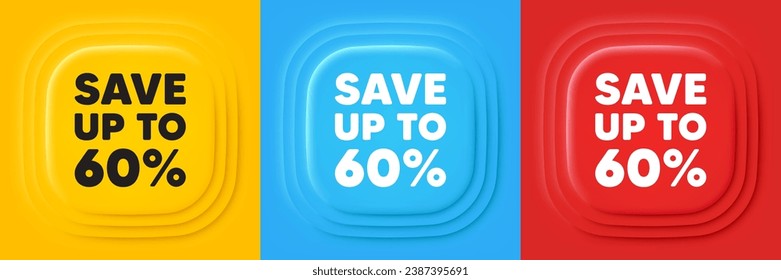 Save up to 60 percent. Neumorphic offer banners. Discount Sale offer price sign. Special offer symbol. Discount podium background. Product infographics. Vector