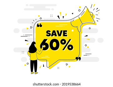 Save 60 percent off. Alert megaphone chat banner with user. Sale Discount offer price sign. Special offer symbol. Discount chat message loudspeaker. Alert megaphone people background. Vector