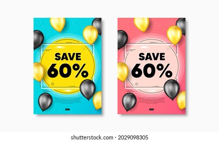Ahorra un 60%. Afiches de volante con globos realistas cubiertos. Señal de precio de oferta de descuento de venta. Símbolo de oferta especial. Descuento de los carteles de los cuadros de texto. Los globos se cubren. Vector