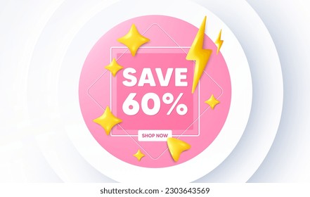 Save 60 percent off tag. Neumorphic promotion banner. Sale Discount offer price sign. Special offer symbol. Discount message. 3d stars with energy thunderbolt. Vector