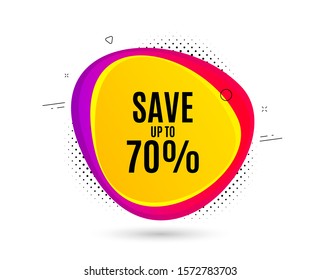 Save up to 70%. Banner text shape. Discount Sale offer price sign. Special offer symbol. Geometric vector banner. Discount text. Gradient shape badge. Halftone pattern. Vector