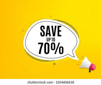 Sparen Sie bis zu 70 %. Megaphonbanner mit Chat-Blase. Preisschild für den Rabattverkauf. Sonderangebot-Symbol. Lautsprecher mit Sprechblase. Coupon-Coupon Banner für soziale Medien. Vektorillustration