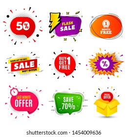 Save 70% off. Banner badge, flash sale bubble. Sale Discount offer price sign. Special offer symbol. Last minute offer. Sticker badge, comic bubble. Discounts box. Vector