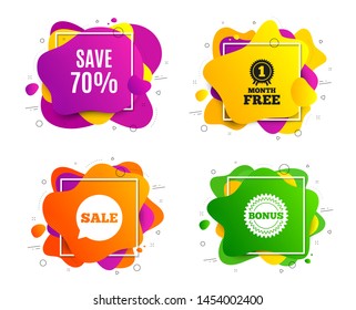 Save 70% off. Liquid shape, various colors. Sale Discount offer price sign. Special offer symbol. Geometric vector banner, square frames. Discount text. Gradient shape badge. Vector