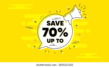 Save up to 70 percent. Alert megaphone yellow chat banner. Discount Sale offer price sign. Special offer symbol. Discount chat message loudspeaker. Alert megaphone background. Vector