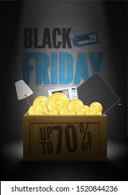 Save 70 percent Black Friday poster template. Domestic appliances sale advert. Wooden crate with TV set, microwave oven, golden coins in spotlight. Stylish seasonal electronics clearance banner design