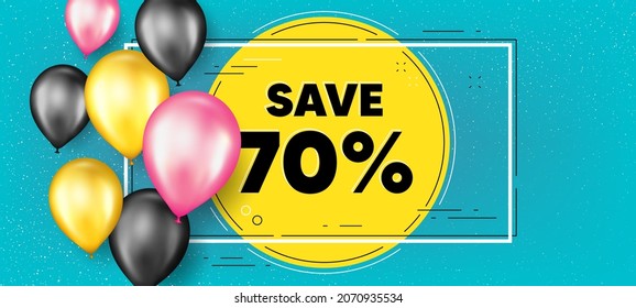 Ahorra un 70% de descuento. Pancarta de promoción de marco de globos. Señal de precio de oferta de descuento de venta. Símbolo de oferta especial. Descubre el fondo del marco de texto. Pancarta de globos de partido. Vector