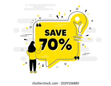 Ahorra un 70% de descuento. Pancarta de burbuja de chat con persona. Señal de precio de oferta de descuento de venta. Símbolo de oferta especial. Lámpara de mensajes de chat de descuento. Idea bombilla de luz de fondo. Vector