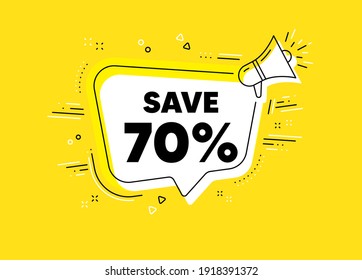 Save 70 percent off. Megaphone yellow vector banner. Sale Discount offer price sign. Special offer symbol. Thought speech bubble with quotes. Discount chat think megaphone message. Vector