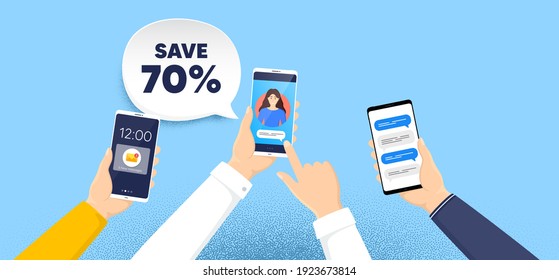 Save 70 percent off. Phone chat messages. Sale Discount offer price sign. Special offer symbol. Discount speech bubble. Hand hold smartphone with chat messages. Messenger conversation. Vector