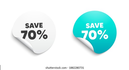 Ahorra un 70% de descuento. Pegatina redonda con mensaje de oferta. Señal de precio de oferta de descuento de venta. Símbolo de oferta especial. Cartel de la parodia de la pegatina de la cinta adhesiva. Forma de identificador de descuento. Cartel de la oferta adhesiva de papel. Vector