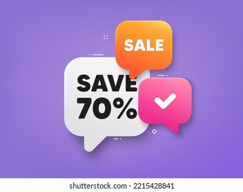 Sparen Sie 70 % Rabatt auf den Tag. 3D-Blaschatbanner. Rabattangebotscoupon. Preisschild zum Verkaufspreis. Sonderangebot-Symbol. Preisnachlässigung der Klebemarke. Werbebanner. Vektorgrafik