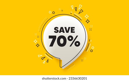 Save 70 percent off tag. 3d speech bubble yellow banner. Sale Discount offer price sign. Special offer symbol. Discount chat speech bubble message. Talk box infographics. Vector