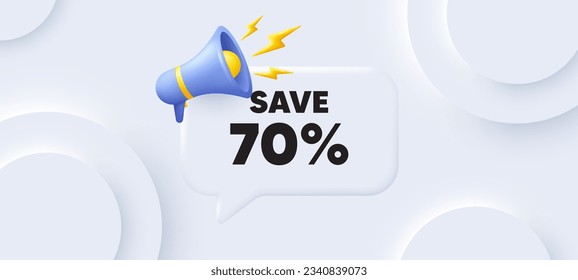 Save 70 percent off tag. Neumorphic 3d background with speech bubble. Sale Discount offer price sign. Special offer symbol. Discount speech message. Banner with megaphone. Vector