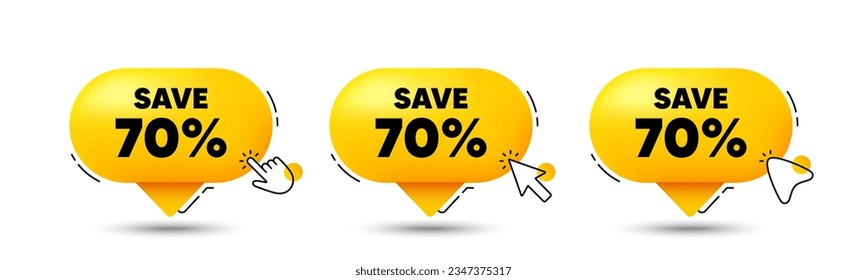 Save 70 percent off tag. Click here buttons. Sale Discount offer price sign. Special offer symbol. Discount speech bubble chat message. Talk box infographics. Vector