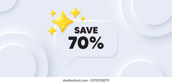 Ahorra el 70% de la etiqueta. Fondo neutral con burbuja de habla de chat. Señal de precio de oferta de descuento de venta. Símbolo de oferta especial. Mensaje de voz de descuento. Cartel con estrellas 3d. Vector