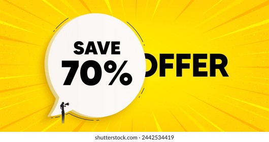 Save 70 percent off tag. Chat speech bubble banner. Sale Discount offer price sign. Special offer symbol. Discount speech bubble message. Talk box background. Vector