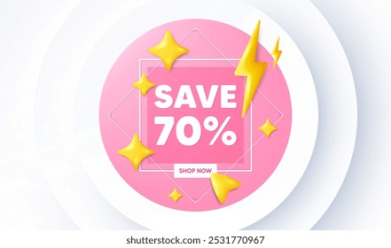 Guardar 70 por ciento de descuento. Anuncio de ascenso neumórfico. Venta Descuento oferta signo de Precio. Símbolo de oferta especial. Mensaje de descuento. Estrellas 3D con energía Thunderbolt. Vector