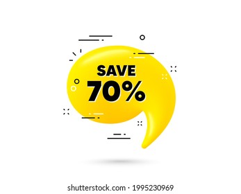 Sparen Sie 70 Prozent Rabatt. Gelbe 3D-Chat-Blase. Preisschild zum Verkaufspreis. Sonderangebot-Symbol. Mini-Talk-Ballon zu reduzieren. 3D-Dialogblase mit Nachricht. Vektorgrafik