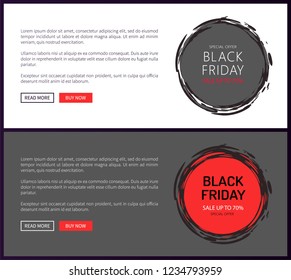 Save up to 70 percent on Black Friday price tag templates, big sale in November. Vector discount round badges with sketch frame on website pages, push buttons