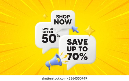 Guardar hasta un 70 por ciento de etiqueta. 3d ofrecer burbujas de charla. Indicador de precio de oferta de venta de descuento. Símbolo de oferta especial. Mensaje 3d de la burbuja de habla de descuento. Banner megáfono de la caja de llamadas. Vector
