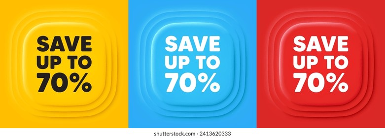 Save up to 70 percent tag. Neumorphic offer banners. Discount Sale offer price sign. Special offer symbol. Discount podium background. Product infographics. Vector