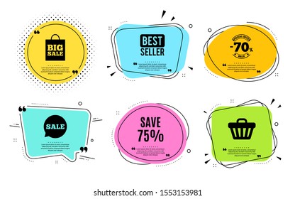 Save 75% off. Best seller, quote text. Sale Discount offer price sign. Special offer symbol. Quotation bubble. Banner badge, texting quote boxes. Discount text. Coupon offer. Vector