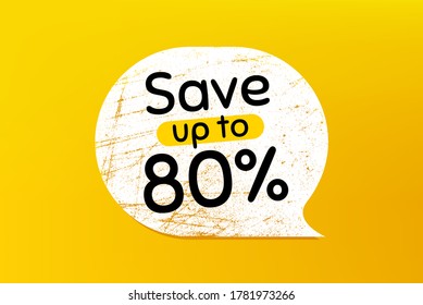 Sparen Sie bis zu 80 %. Banner mit farbiger Sprechblase. Preisschild für den Rabattverkauf. Sonderangebot-Symbol. Chatblase mit Kratzern. Coupon-Coupon Vektorgrafik