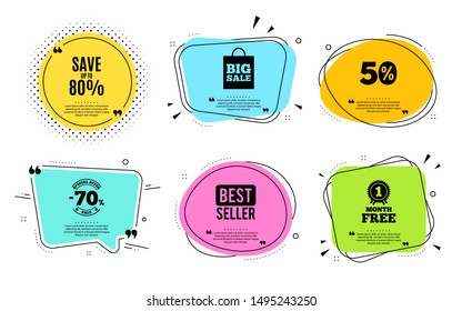 Save up to 80%. Best seller, quote text. Discount Sale offer price sign. Special offer symbol. Quotation bubble. Banner badge, texting quote boxes. Discount text. Coupon offer. Vector