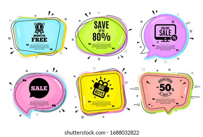 Save up to 80%. Big buys, online shopping. Discount Sale offer price sign. Special offer symbol. Quotation bubble. Banner badge, texting quote boxes. Discount text. Coupon offer. Vector