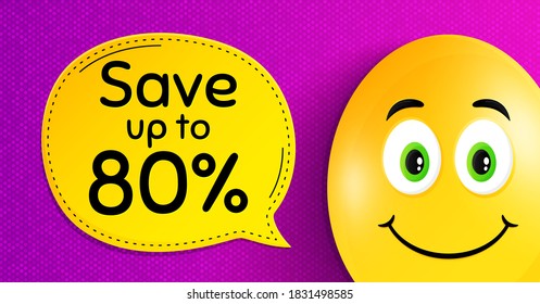 Save up to 80%. Easter egg with smile face. Discount Sale offer price sign. Special offer symbol. Easter smile character. Discount speech bubble. Yellow egg background. Vector