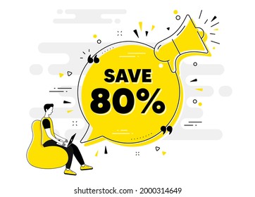 Save 80 percent off. Alert megaphone chat banner with user. Sale Discount offer price sign. Special offer symbol. Discount chat message loudspeaker. Alert megaphone people background. Vector