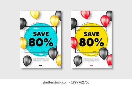 Sparen Sie 80 Prozent Rabatt. Flyer-Plakate mit realistischer Ballonabdeckung. Preisschild zum Verkaufspreis. Sonderangebot-Symbol. Rabatt auf weiße Plakate für Textrahmen. Ballons bedecken. Vektorgrafik