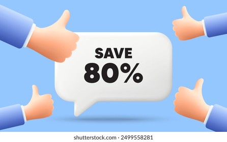Sparen Sie 80 % Rabatt auf den Tag. 3D-Sprechblasenbanner mit ähnlichen Händen. Preisschild für Rabattangebot. Sonderangebotszeichen. Discount-Chat-Sprachnachricht. 3d Angebot Talkbox. Vektorgrafik